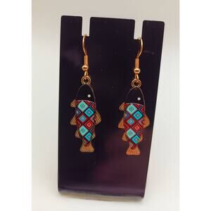 Colorful Fish Dangle Earrings Gold Blue Pink Red Nautical Style